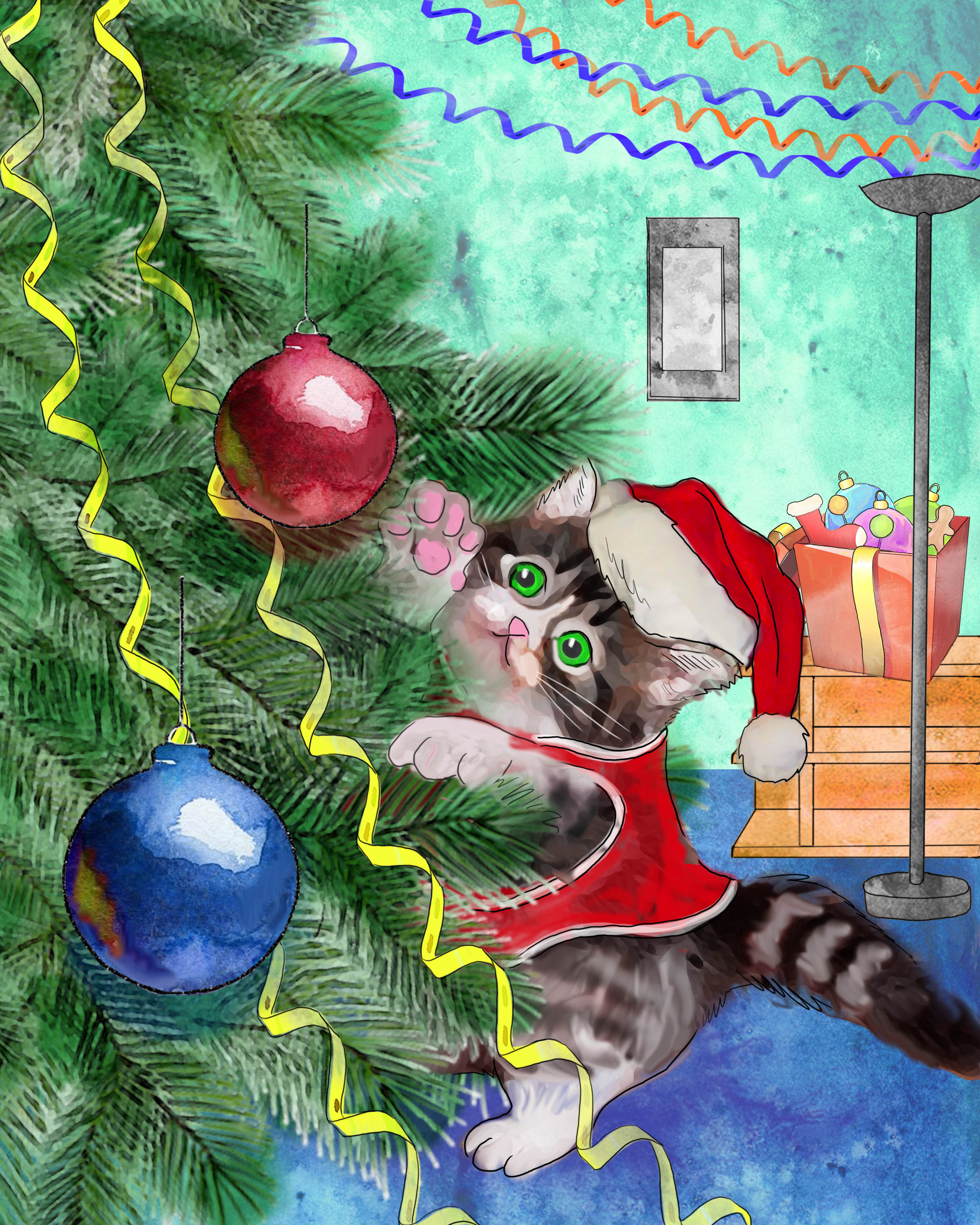 3 Christmas tree in the living room cat playing