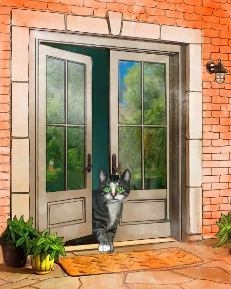 Cat goes out through patio door